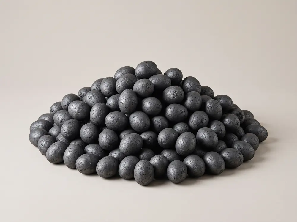 A heaped pile of A+ smokeless ovoids, uniform egg-shaped briquettes in very dark charcoal grey