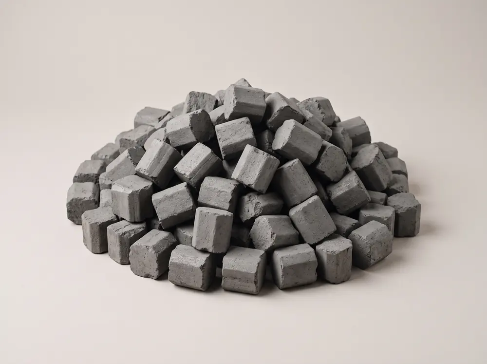A heaped pile of ClearFlame smokeless fuel, uniform angular mid-grey blocks with a dry matte surface