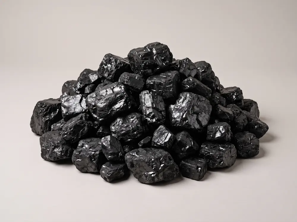 A heaped pile of Colombian house coal, large jet-black lumps with glassy fracture faces