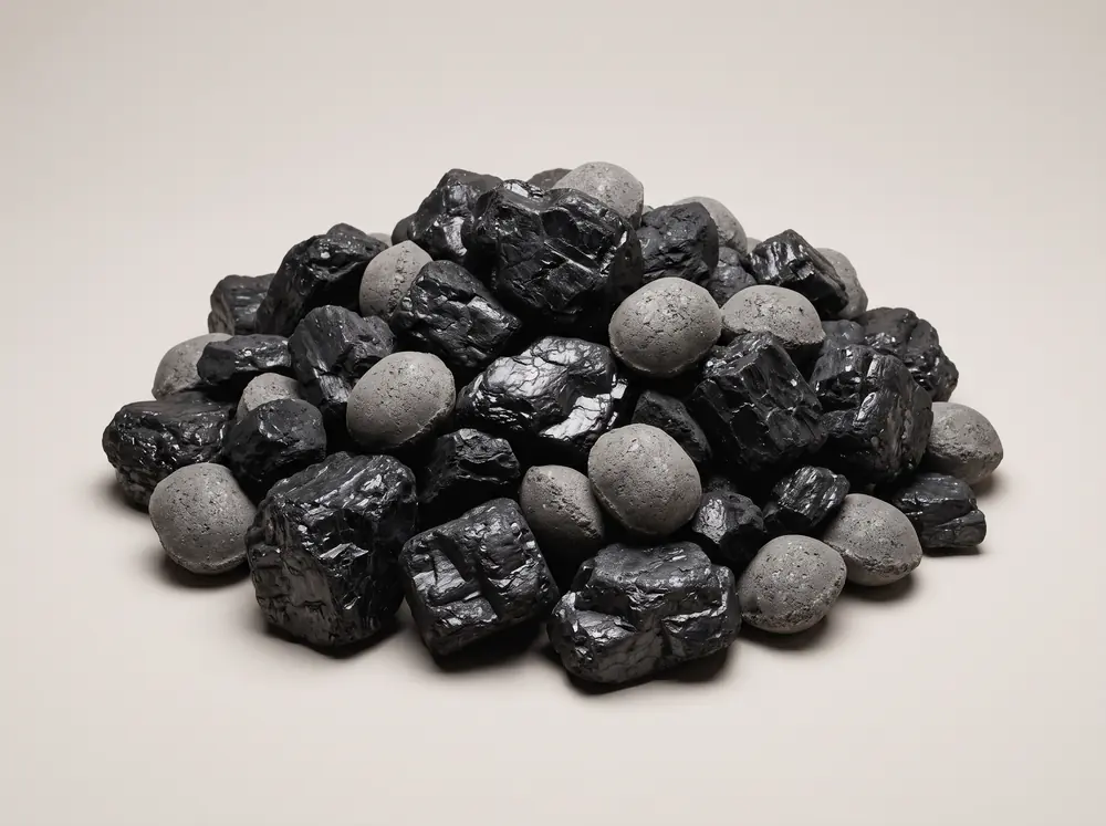 A heaped pile of Country Blend solid fuel, glossy black coal lumps mixed with rounded grey smokeless pieces