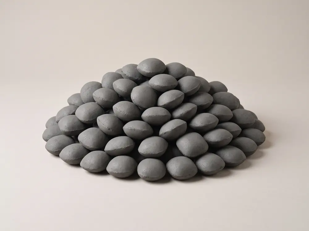 A heaped pile of Golden Glow Eco Glow smokeless ovoids, smooth rounded pillow-shaped briquettes in matte dark grey
