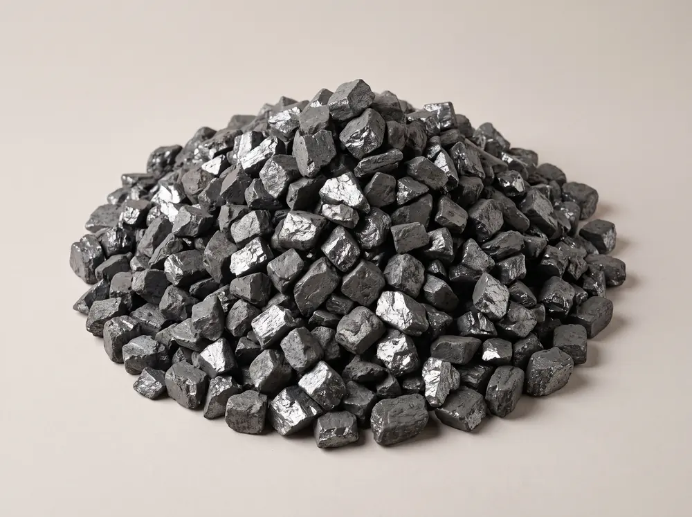 A heaped pile of Golden Glow FireBrite smokeless nuggets, angular dark grey pieces with bright reflective fracture faces