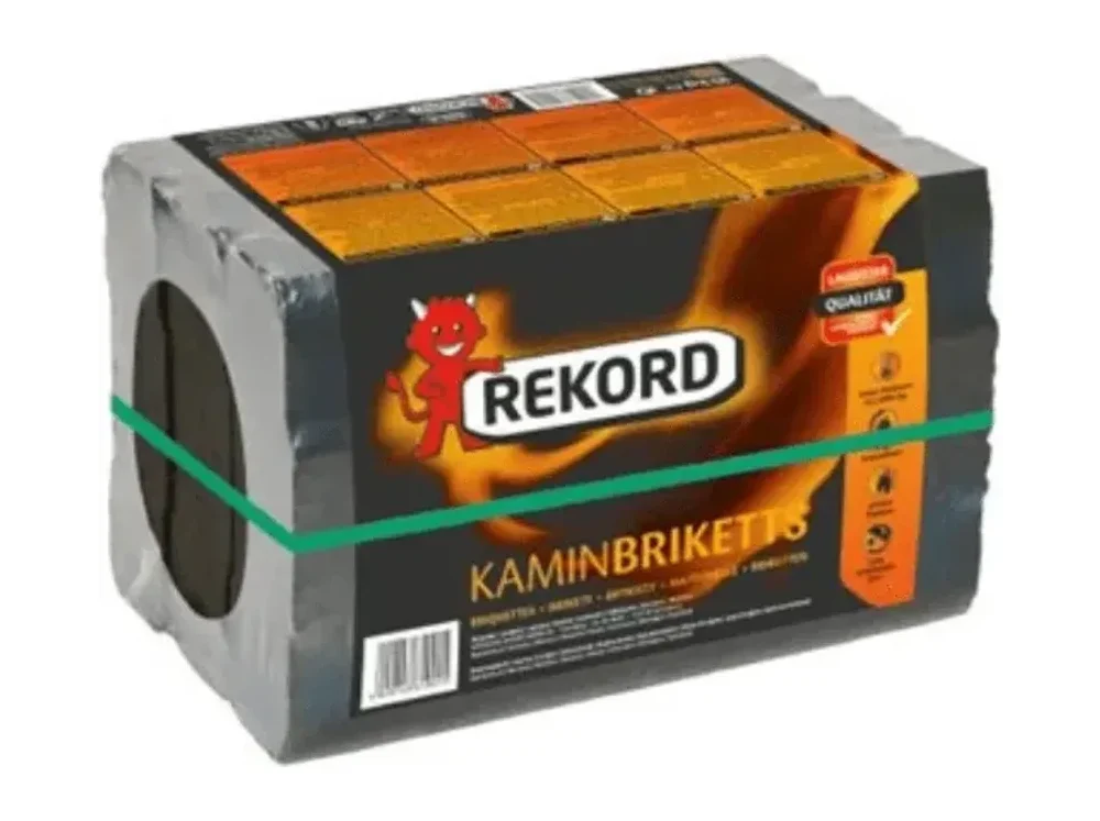 A shrink-wrapped bale of heating briquettes in the manufacturer's printed wrapping, held together with a green strap