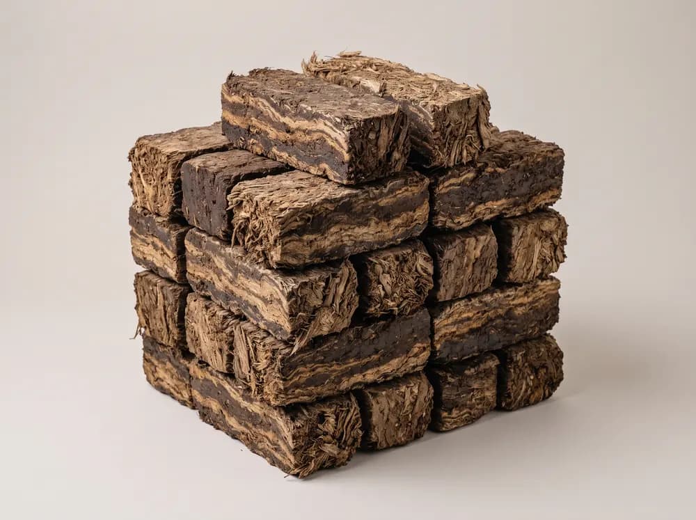 A stack of Irish peat briquettes, rectangular compressed turf blocks with banded brown and tan fibrous texture