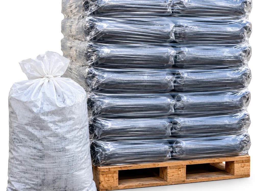 A pallet of shrink-wrapped bags of smokeless ovoids stacked on a wooden pallet, with a single white woven 20kg bag standing beside it