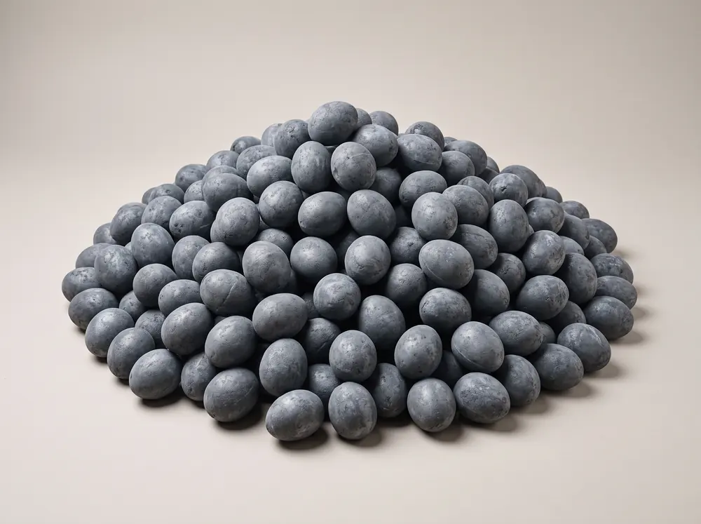 A heaped pile of smokeless fuel ovoids, uniform smooth egg-shaped briquettes in dark slate grey