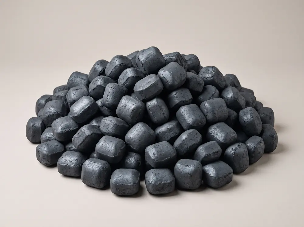 A heaped pile of Stove Blend smokeless fuel nuggets, chunky dark slate grey blocks with softened edges