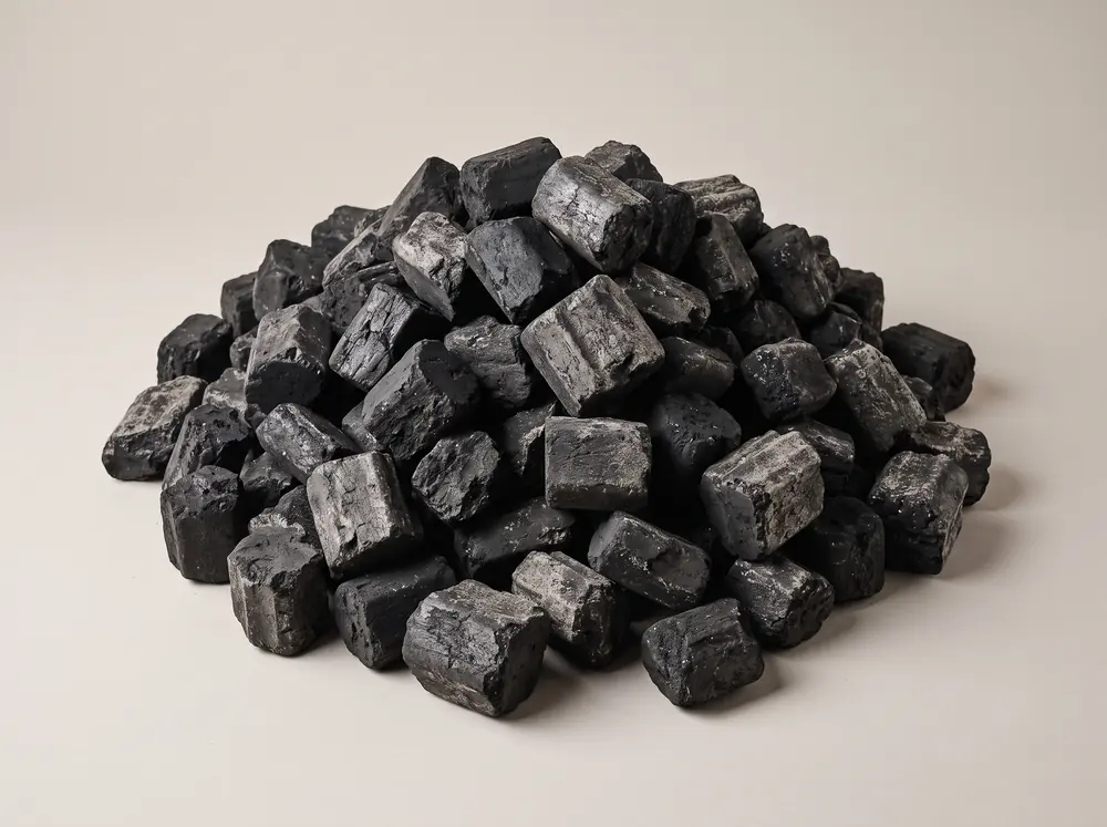 A heaped pile of Super Blend smokeless coal briquettes, angular matte black blocks with a fine grey dust bloom