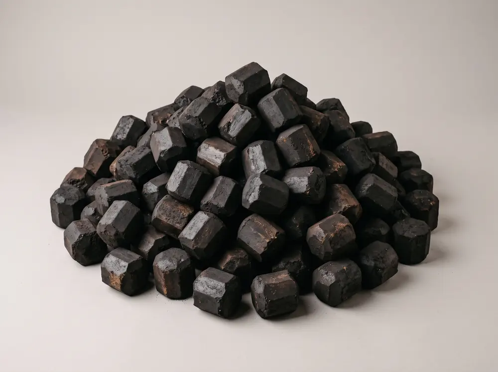 A heaped pile of Golden Glow Tri Heat smokeless briquettes, faceted deep black blocks with warm brown undertones