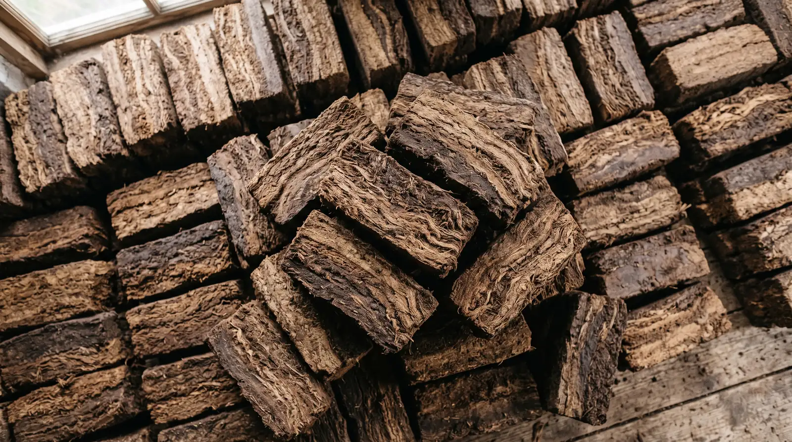 Close view of stacked peat briquettes, banded brown and tan fibrous blocks