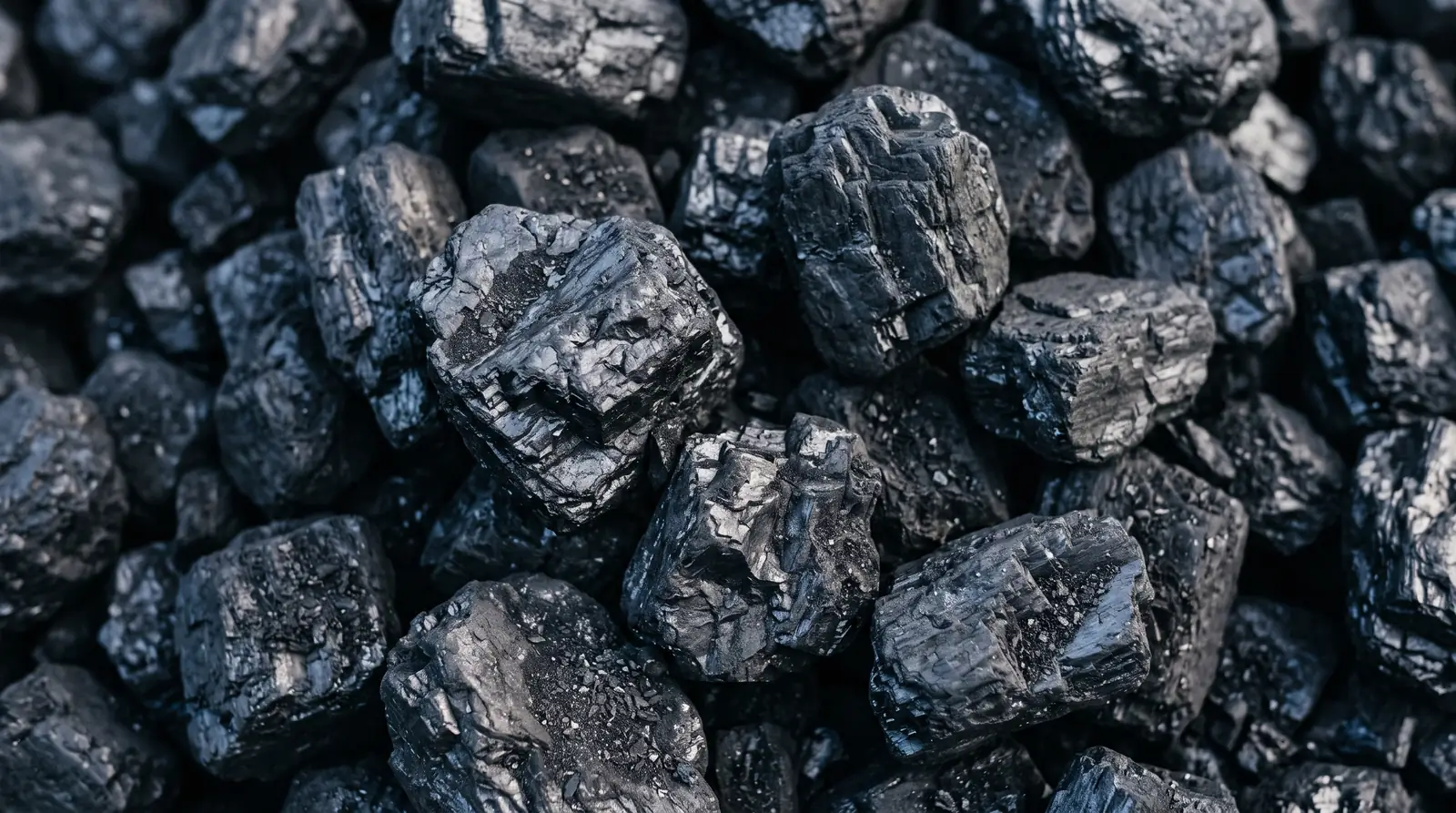 Close view of graded house coal, glossy black lumps with blue-grey highlights