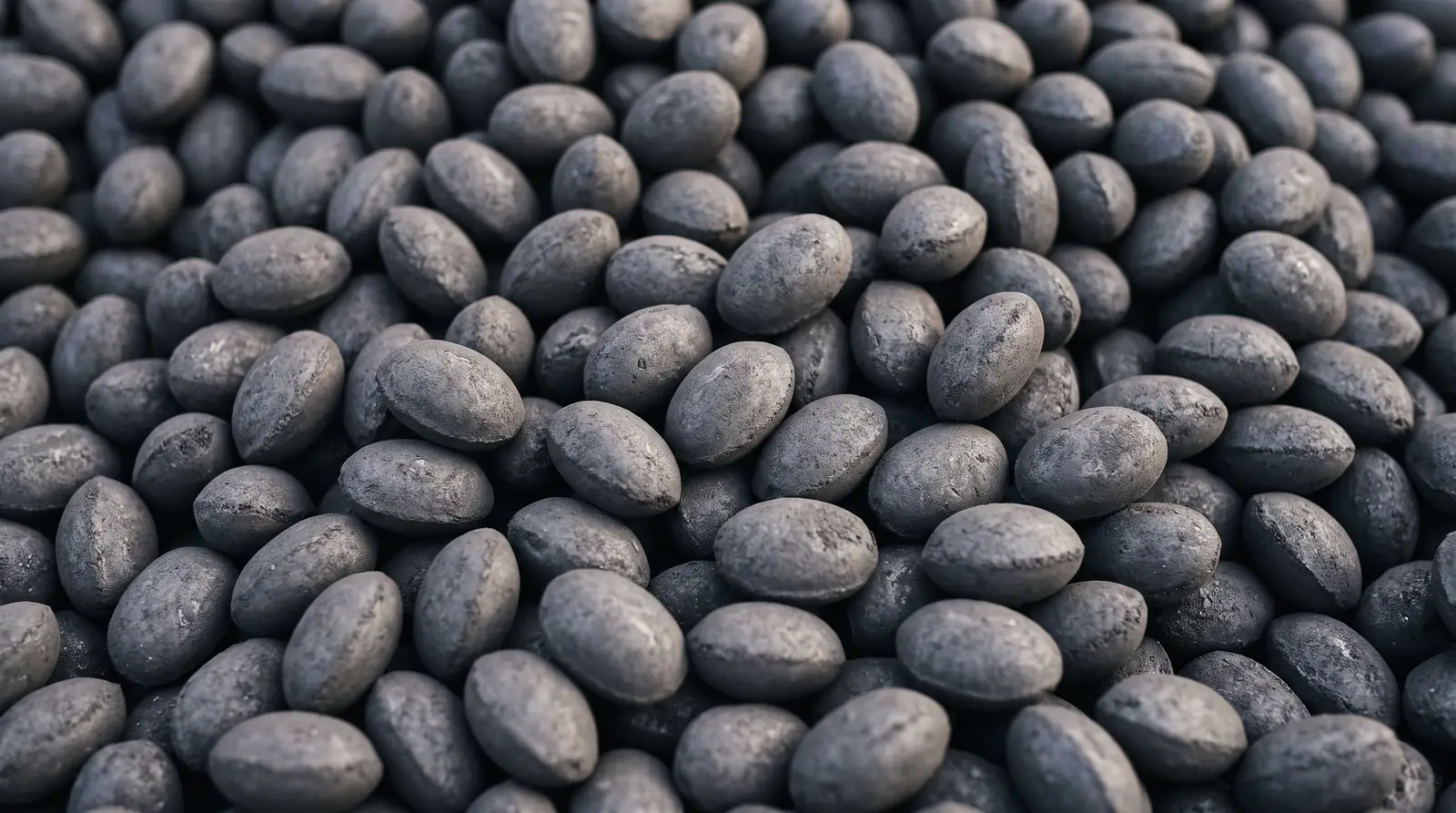 Close view of smokeless fuel ovoids, smooth dark grey ovals with a pale ashy bloom