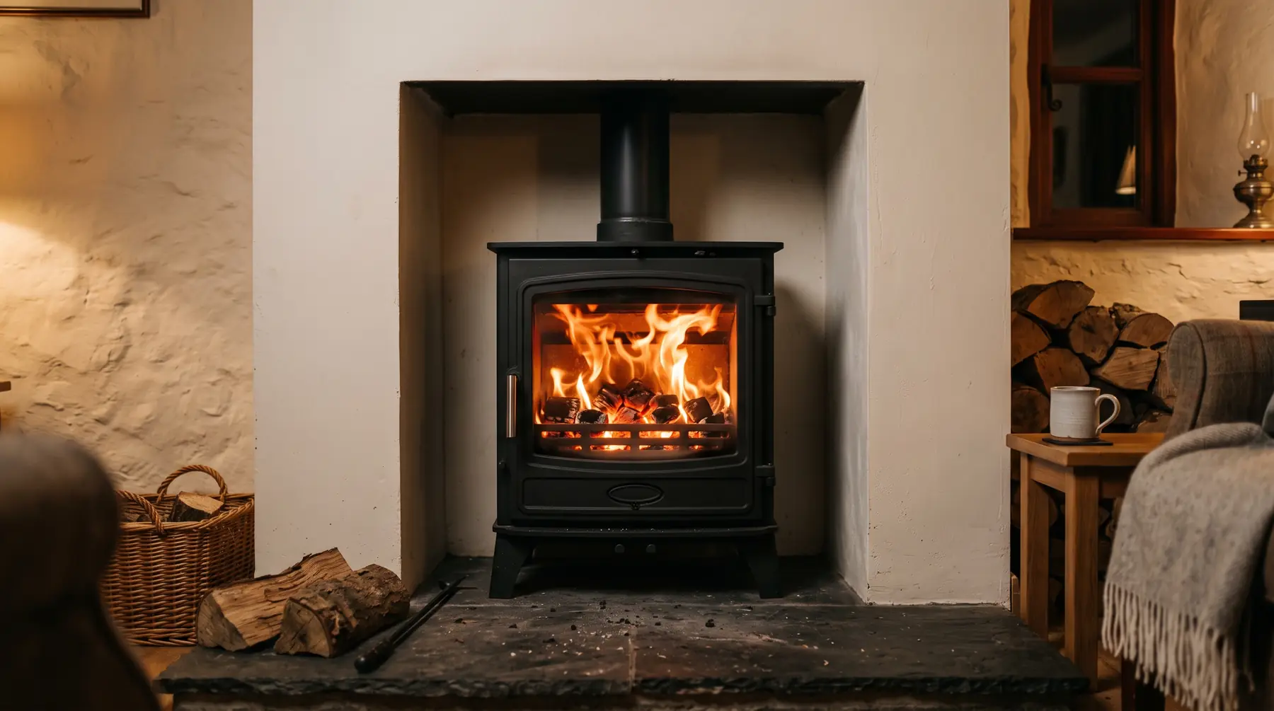 Solid fuel burning behind the glass of a cast-iron multi-fuel stove in a country home