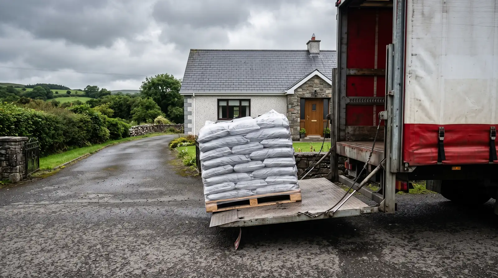 A shrink-wrapped pallet of fuel being lowered on a lorry tail-lift onto a driveway